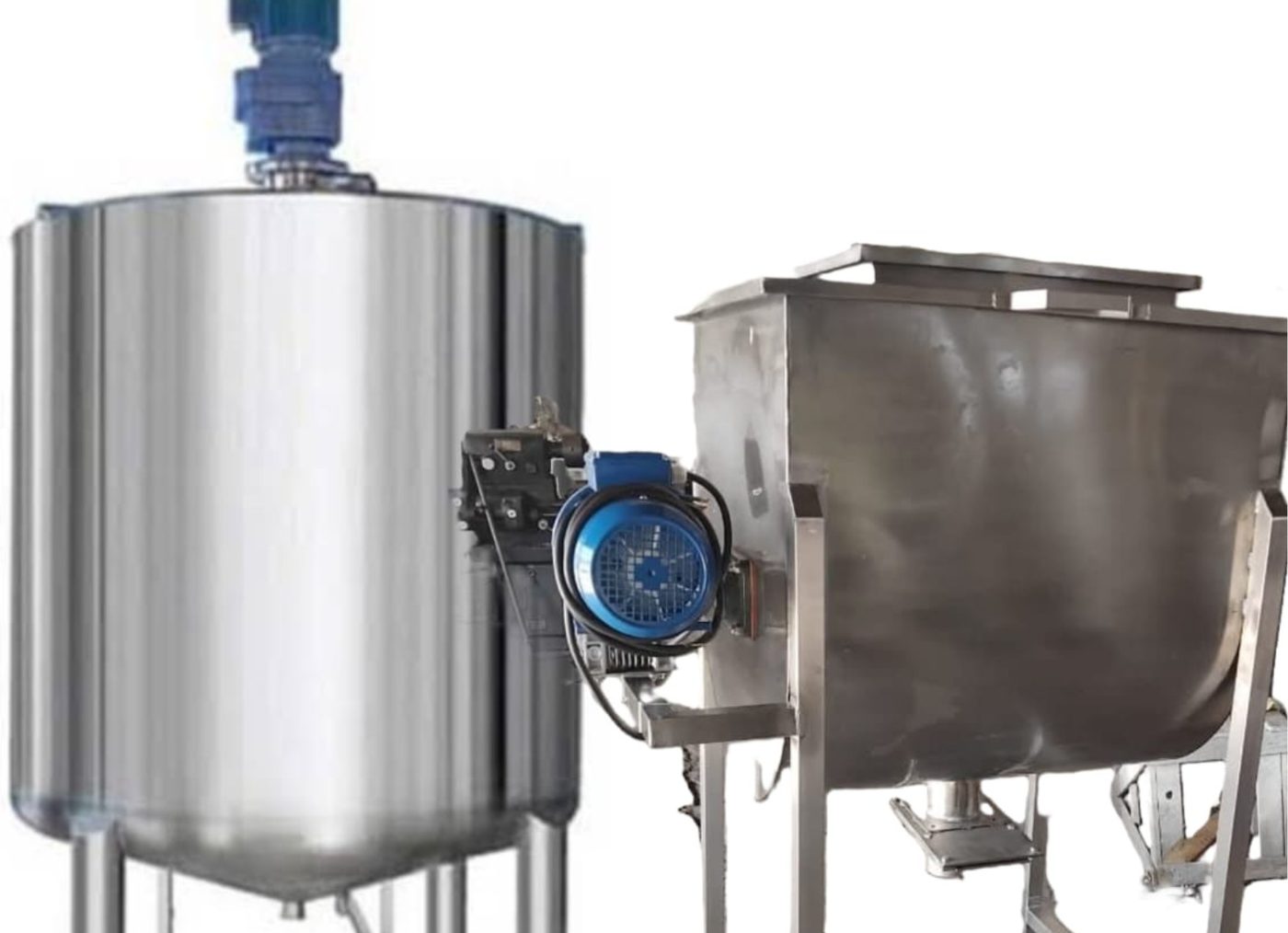 Liquid detergent mixing tank beside a ribbon blender for powder detergent