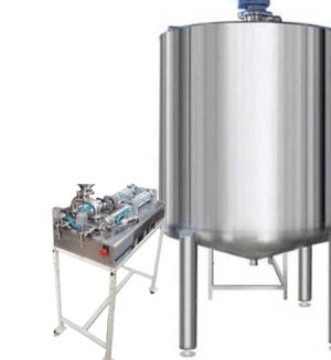 Stainless steel liquid detergent mixing tank next to a twin-head liquid filling machine